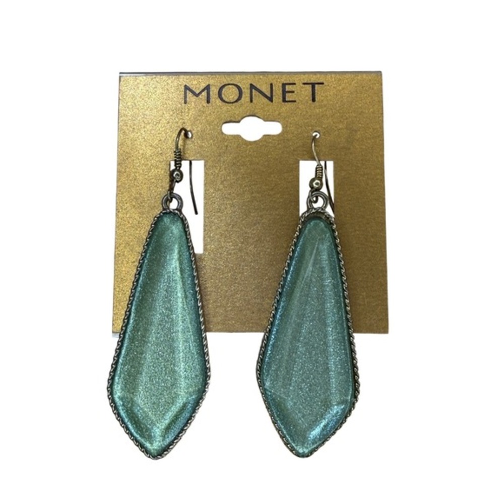 Monet Silver Tone Green Resin Dangle Drop Earrings Geometric Shield Vintage Era